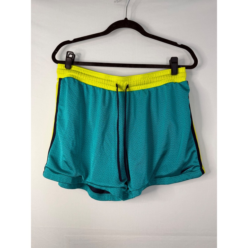 Nike Dri-FIT Mesh Running Shorts Womens Large Teal Neon Yellow 613591-383